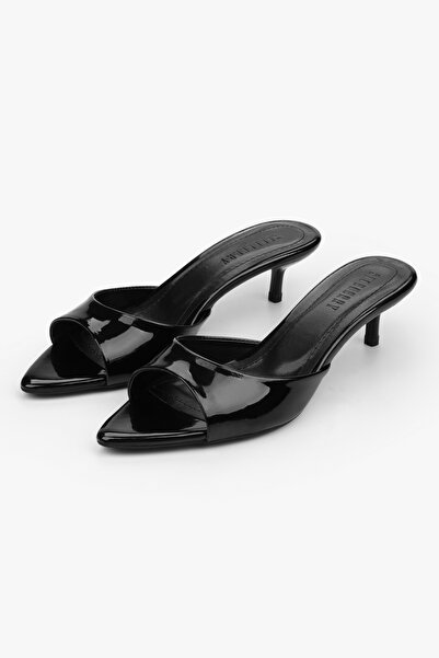 Shoeberry Women's Saint Black Patent Leather Mini Heeled Slippers