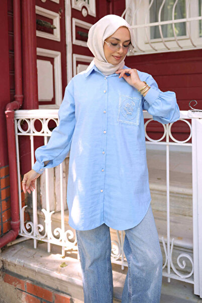 İmajButik Baby Blue Buttoned Modal Shirt with Stone Detail
