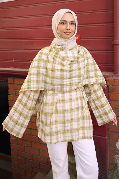 İmajButik Green Shawl Detailed Plaid Tunic