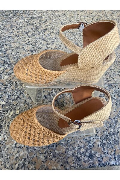 Aysun Ayakkabı Brown Closed-Toe Outer Material Linen Lace-Up Wedge Heel Women...