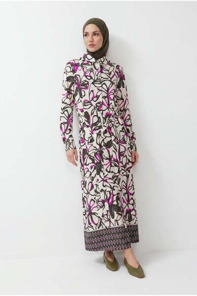 Armine TREND Beli Kemerli ve Boydan Düğmeli Desenli Tunik Pembe 25YT421