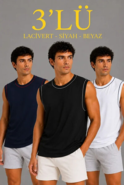 pazarella Men's 3-Piece Sleeveless Athlete Set Summer Crew Neck - Black, Navy...