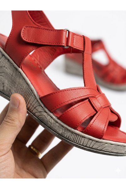 Tamdabu Ayakkabı Genuine Leather Red Orthopedic Sole 5 cm Padded Heel Women's Sandals