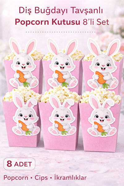 Parti Konsepti Diş Buğdayı Tavşanlı Popcorn Kutusu 8’li Set Renk Seçenekli İk...
