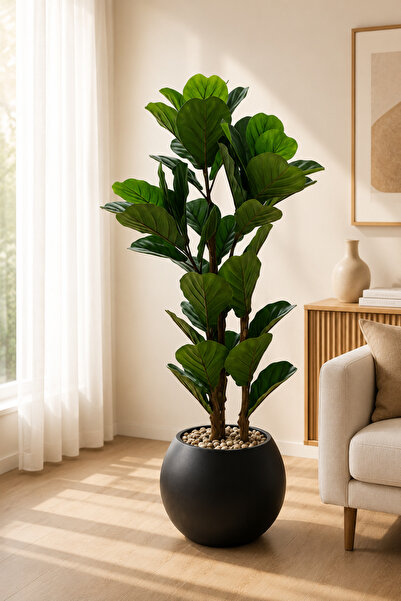 TrentonGCC Artificial Fiddle Leaf Fig Plant in Modern Round Pot – Premium Ind...