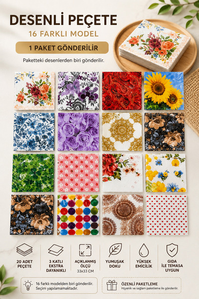 Keyfi Sepet 16 Farklı Model Desenli Peçete 20’li 3 Katlı 1 Paket Tek Desen Gö...