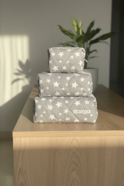 İLMEK&YSR 3-Piece Makeup and Cosmetic Bag Set - Gray Starry Quilted Organizer...