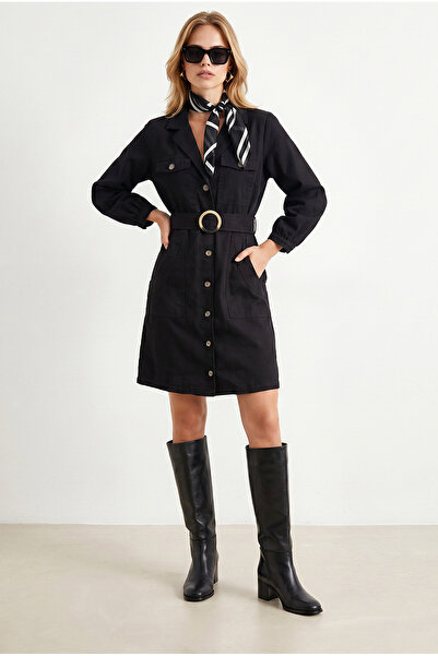 Olalook Women's Black Pocketed Belted Gabardine Shirt Dress Elb-19002569