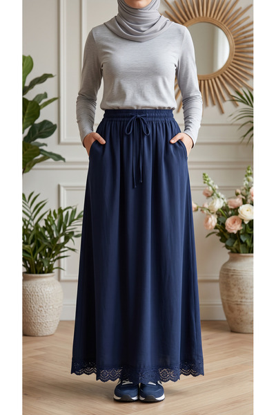 3B Stil Embroidered Lace Tencel Skirt with Elastic Waist and Double Pockets
