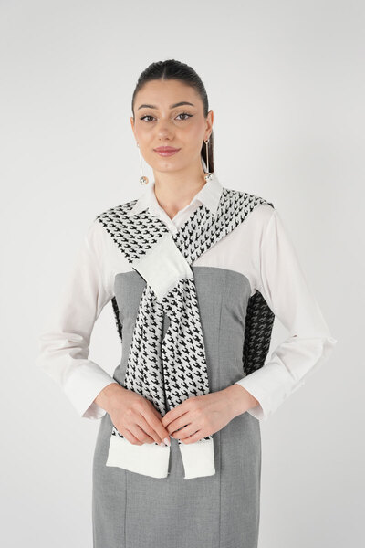 ElevaGlam Yeni Stil Koldan Geçirmeli Kaz Ayağı Beyaz Triko Omuz Şalı