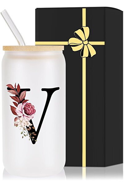 NASAQ Wulcea Monogrammed Glass Drinking Cup With Lid Straw , letter v