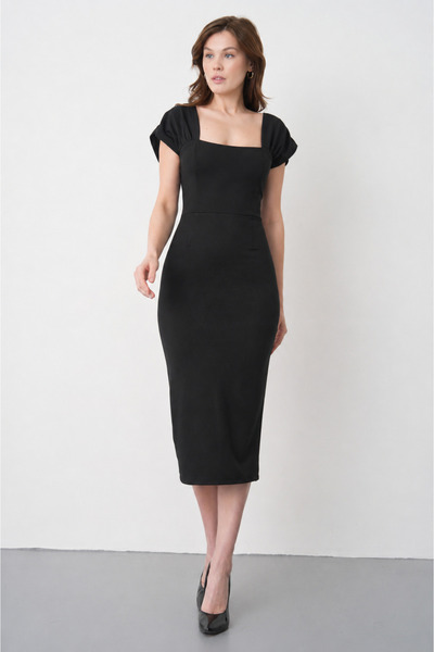 WOMAN VISION Rochie creion midi din țesătură crep neagră, cu guler pătrat și ...