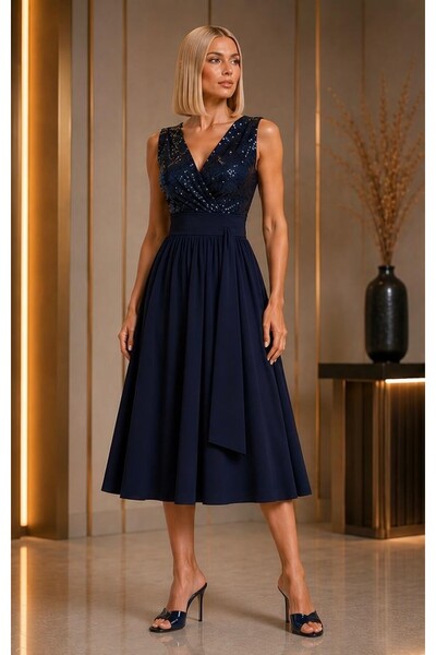 ALYEL NAKER Navy Blue Crepe Midi Length Sleeveless Dress with Sequin Detail o...