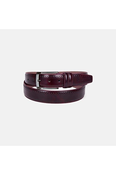 Desa Men's Burgundy Brogue Patterned Leather Classic Belt