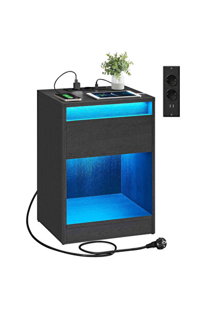VASAGLE Noptieră cu iluminare LED reglabilă, priză și porturi USB, 40x35x55 c...