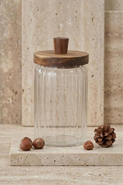 Atbyhome Borosilicate Glass Storage Container with Wooden Lid 700 ml - Corrug...
