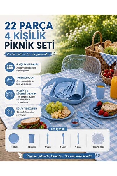 zemihra Özel Tasarım Çentik Tabaklı 22 Parça Taşıma Çantalı Piknik Seti 4 Kiş...