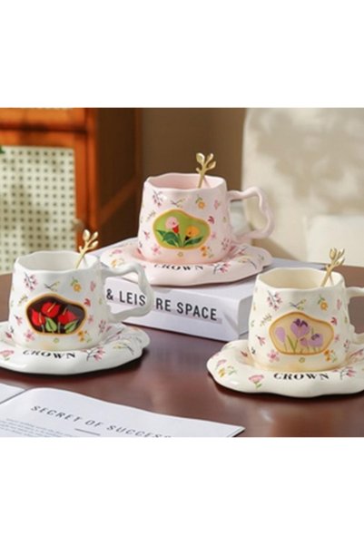 Bam Vintage Özel Tasarım Gold Kaşıklı Tabaklı Seramik Kupa