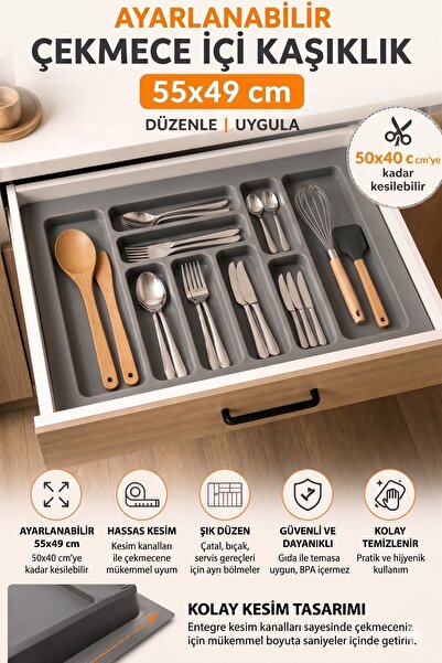 MEGAHOME STORE A Kalite Gri Renk Çekmece içi Kaşıklık ve Kepçelik 55x49 cm (5...