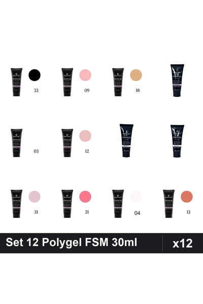 FSM Set 12 Polygel 30ml - Nr.03, Nr.04, Nr.09, Nr.12, Nr.13, Nr.17, Nr.18, Nr...