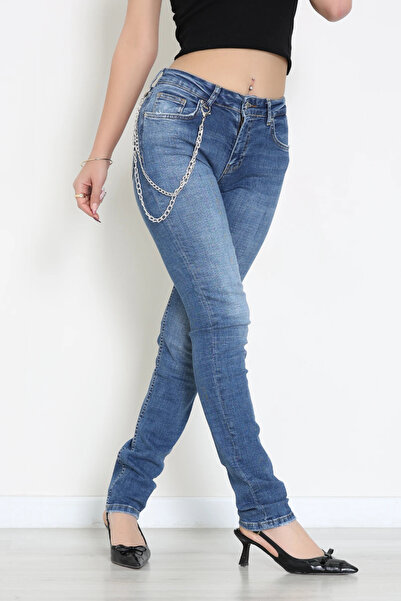 BİLGENS BUTİK Pantaloni de damă cu picior îngust, de culoare albastră (cu lan...
