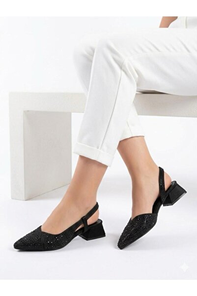 Lütfi Women's Black Thick Heel Comfortable Fit Heeled Ballerina Shoes
