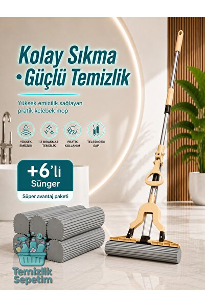 temizliksepetim Kelebek Mop Süngerli Paspas Seti, Kendinden Sıkmalı Teleskobi...