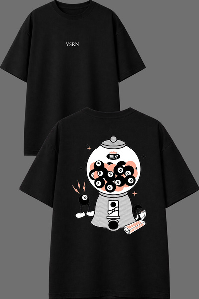 VSRN Lucky Ball Design Front and Back Printed Black Oversize T-Shirt