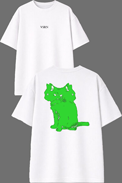 VSRN تي شيرت أبيض كبير الحجم بتصميم Hipnoz Cats مطبوع من الأمام والخلف