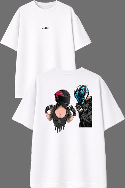 VSRN Motorcycle Lover Design Front and Back Printed White Oversize t Shirt