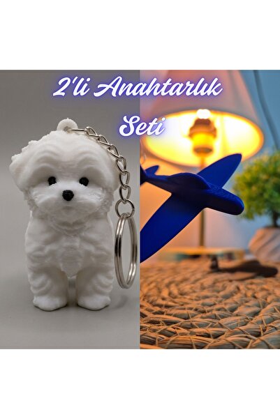 3DAtölyeMaker White Maltese Terrier and Blue Airplane Keychain
