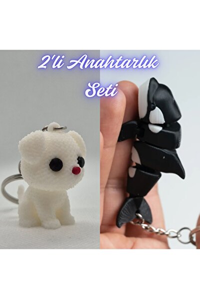 3DAtölyeMaker White Knitted Patterned Dog and Black Flexible Whale Keychain