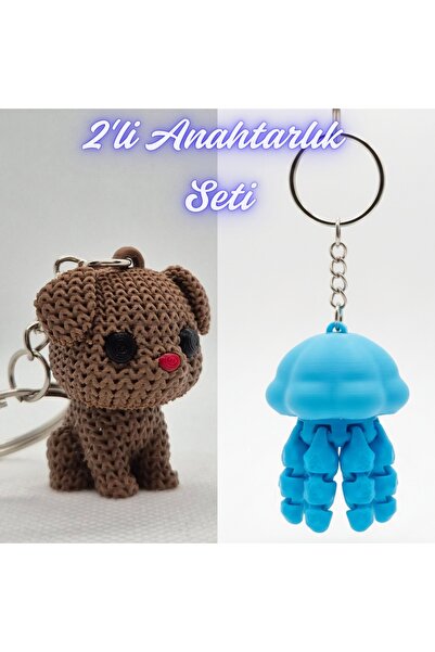 3DAtölyeMaker Dark Brown Knitted Patterned Dog and Light Blue Moving Jellyfis...