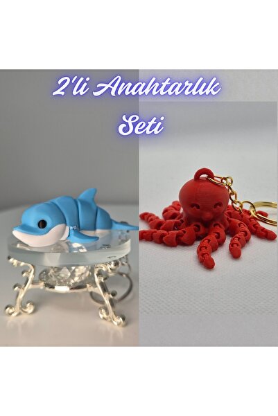 3DAtölyeMaker Light Blue Flexible Colorful Dolphin and Pink Octopus Keychain