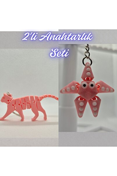 3DAtölyeMaker Light Pink Flexible Cat and Pink Moving Starfish Keychain