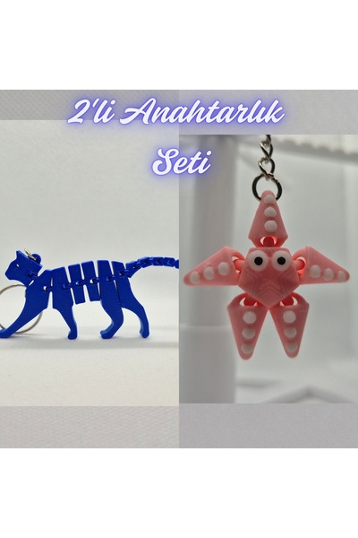 3DAtölyeMaker Blue Flexible Cat and Pink Moving Starfish Keychain