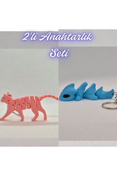 3DAtölyeMaker Light Pink Flexible Cat and Light Blue Flexible Dragon Keychain