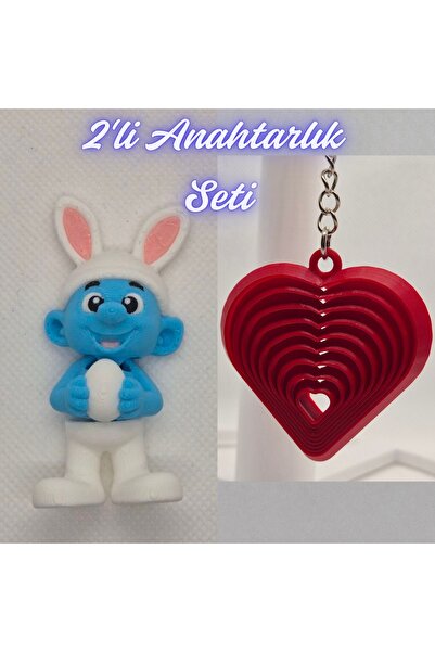 3DAtölyeMaker Light Blue Smurfs and Fire Red Moving Heart Keychain