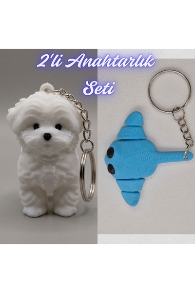 3DAtölyeMaker White Maltese Terrier and Light Blue Flexible Eel Keychain