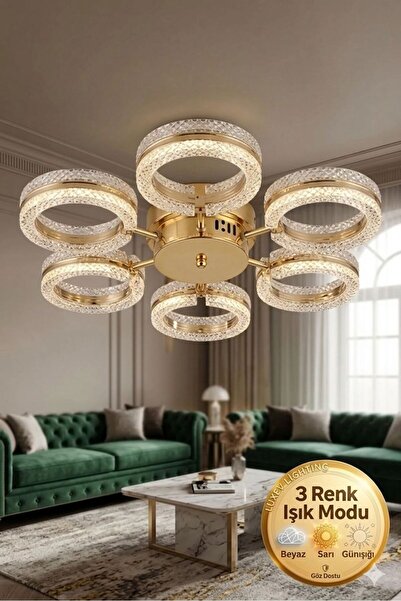 Lüxev Lighting Mozaik Model Gold 6"lı Ledli 3 Renk Modu Kristal Salon Mutfak ...
