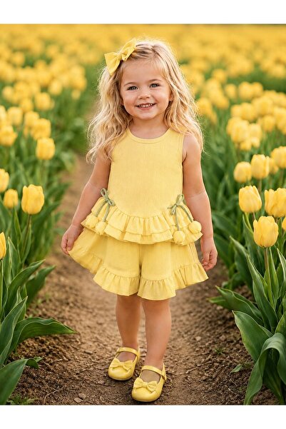 Luna Kids Store طقم ملابس للفتيات الصغيرات من قماش الموسلين المكشكش باللون ال...