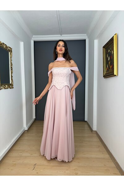 gökkuşagı moda Pudra Askılı Straplez Bel Korsajlı Üst Krep Taşlı Alt Şifon Uz...