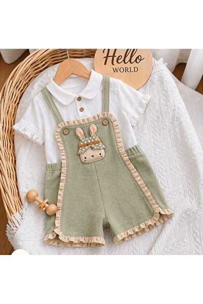 Luna Kids Store Baby Girl Rabbit Patterned Muslin Body Salopet Set Green