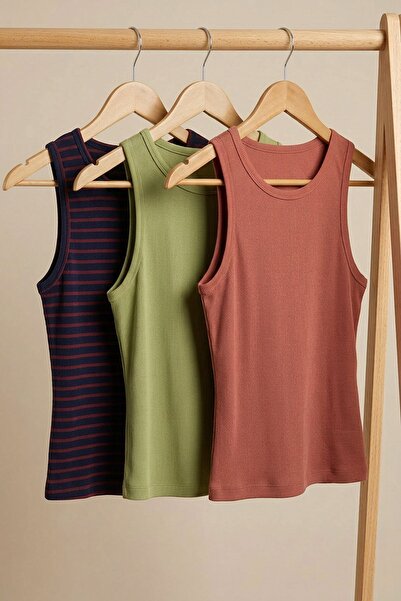 COTENCONCEPT 3 Pieces of Ribbed Fitted Viscose Blended Strappy T-Shirt