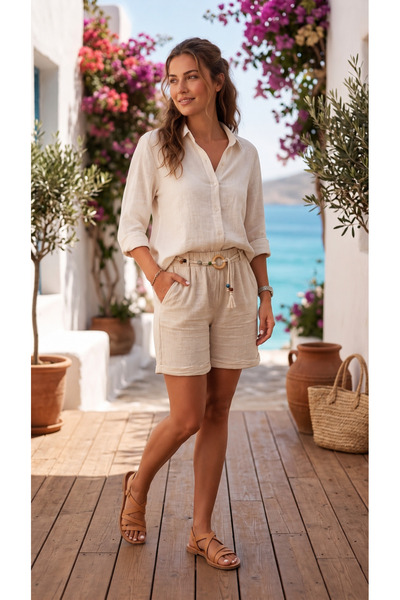shE tekstil Belted Comfortable Fit Linen Shorts