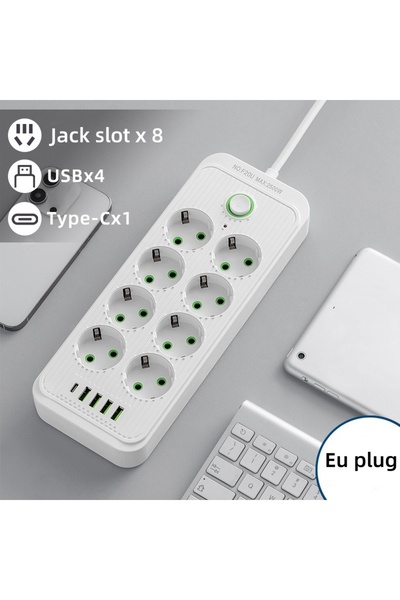 Choice3 White 8 jacks Power Strip with 2M Extension Cord 6/8 EU Holes 4USB Ty...