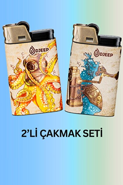 DJEEP Steampunk Serisi Taşlı Çakmak -2'li Set –Retro Mekanik ve Dişli İllüstr...
