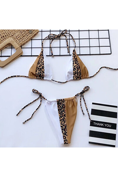 Plaja biz Costum de baie doua piese cu slip brazilian reglabil pe snur Caraibe Leopard Alb