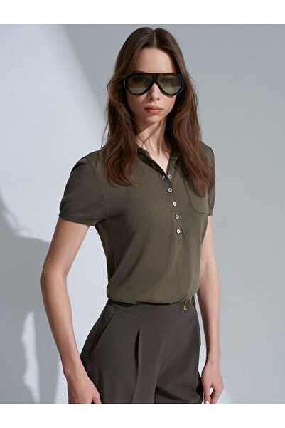 Dilvin 10874 Lyocell Blended Polo Collar Blouse-Khaki