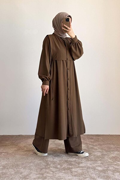 ANDE Bağlama Detaylı Pantolonlu Takım - Camel